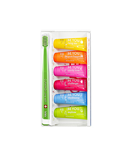 BE YOU Набор зубных  паст Curaprox Шесть вкусов, 6х10 ml  + Зубная щетка Kids (зеленая)