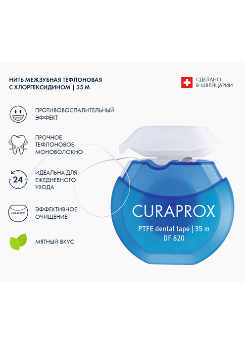 Нить межзубная тефлоновая с хлоргексидином CURAPROX, 35 м, изображение 2